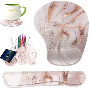 Keyboard Wrist Rest Pad Ergonomic Mouse Pad Set,Non-Slip PU Base for Laptop, Home, Gaming, Office,Matching Elephant Pen Holder and Cup Coaster(Rose Gold Marble)