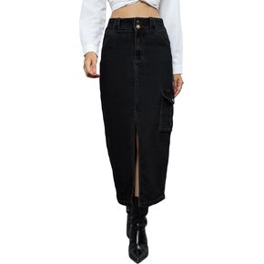 ETTELO Midi Denim Skirt High Waisted Slit Casual Stretch Knee Length Jean Skirt for Women