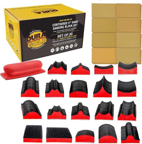 Dura-Gold 12-Piece Contoured Profile 4" Hand Sanding Block Set with 40 Sheet Hook & Loop Sandpaper Kit - Interchangeable Assorted Convex & Concave Shapes - Sand Wood Woodworking Furniture, Auto Paint in Kuwait