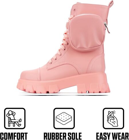Cape Robbin Women's Platform Combat Boots - Lace Up Chunky Ankle Booties with Built-in Zippered Pouch - Side Zipper Lug Sole Boots with Buckle Strap Round Toe (Monalisa) in Saudi Arabia