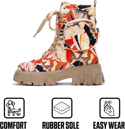 Cape Robbin Women's Platform Combat Boots - Lace Up Chunky Ankle Booties with Built-in Zippered Pouch - Side Zipper Lug Sole Boots with Buckle Strap Round Toe (Monalisa) in Kuwait