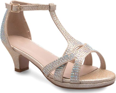 Olivia K Girl's Glitter Leatherette Open Toe Strappy Ankle T Strap Kitten Heel Sandal (Toddler/Little Girl) in Kuwait