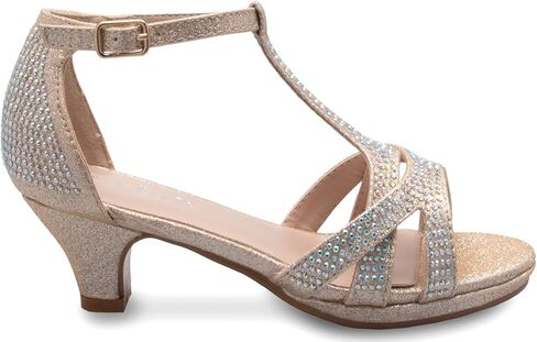 Olivia K Girl's Glitter Leatherette Open Toe Strappy Ankle T Strap Kitten Heel Sandal (Toddler/Little Girl) in Kuwait