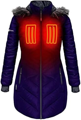 سترة منتفخة طويلة قابلة للتدفئة ببطارية 5 فولت للنساء مع غطاء رأس من الفرو الصناعي، تدفئة ثلاثية المناطق، تحكم باللمس، بنك الطاقة in Kuwait