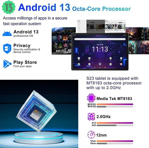 تابلت SEBBE بشاشة 10 بوصات يعمل بنظام Android 13، كمبيوتر لوحي 12 جيجا بايت رام + 128 جيجا بايت روم TF 512 جيجا بايت ثماني النواة 2.0 جيجا هرتز، Google GMS | بلوتوث 5.0 | 5G واي فاي | 6000 مللي أمبير | 1280*800 | تابلت بدقة 5 ميجابكسل + 8 ميجابكسل مع لوحة in Kuwait