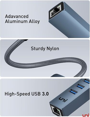 يوني محول ايثرنت USB C، موزع ايثرنت USB C بسرعة 1 جيجابايت في الثانية مع USB 3.0 [بدون برنامج تشغيل، الومنيوم] لماك بوك برو وكروم بوك واكس بي اس وايباد واي ماك وجالكسي وايفون 15 برو/ ماكس وكيبورد in Kuwait