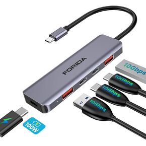 FORIDA USB C Hub بسرعة 10 جيجابت في الثانية، محول USB C متعدد المنافذ لأجهزة الكمبيوتر المحمول، 2 USB C و2 منافذ بيانات USB A، توصيل طاقة 100 وات، لأجهزة MacBook Pro، Surface Pro، XPS، الكمبيوتر الشخصي، محرك أقراص فلاش، محرك الأقراص الصلبة المحمول والمزيد