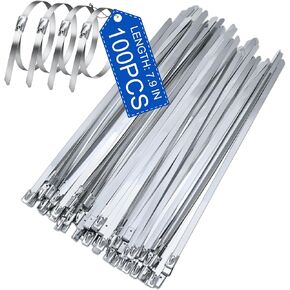 Deecam Stainless Steel Zip Ties 100pcs, 7.9 inch Metal Cable Ties Heavy Duty, Premium Self-Locking Chain Link Fence Ties, Metal Wire Ties Used for Outdoor Fence Wire, Vehicles, Cables, Exhaust Pipes