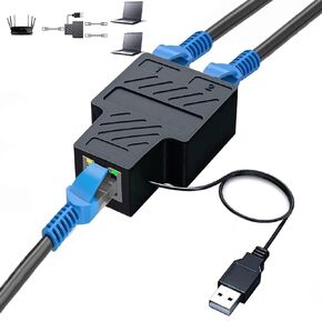 Maijiatie Ethernet Splitter 1 to 2 High Speed, 100Mbps Ethernet Splitter [2 Devices Simultaneous Networking], RJ45 Splitter Adapter with USB Power Cable, Internet Splitter for Cat5/5e/6/7/8 Cable