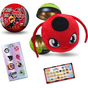 Miraculous Ladybug, 4-1 Surprise Miraball, Toys for Kids with Collectible Character Metal Ball, Kwami Plush, Glittery Stickers and White Ribbon (Wyncor)