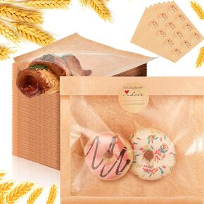 400 Pcs Heat Sealable Bakery Bags with Window 7.1 x 7.5 Inch Grease Resistant Brown Kraft Cookie Bags Pastry Bags with Paper Stickers for Packaging Donut Bread Cookie Goods Sandwich Baked Treat