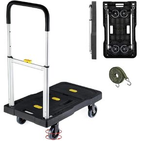 Folding Hand Truck, 150kg/330 Lbs Heavy Duty Luggage Cart, Portable Utility Dolly Platform Cart with Adjustable Handle for Auto, Luggage, Personal, Travel, Moving Shopping and Office Use