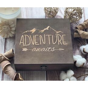 Adventure awaits Box, 8.5 in x 8 in x 2.5 in, Wooden Box, Keepsake Box, Memory Box, Gift box, 5th Anniversary Gift, Unique Gift Ideas, Travel, Wooden Anniversary Gift
