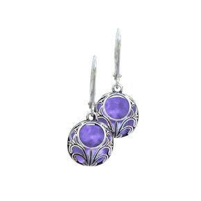 Recycled Early 1900's Purple Medicine Bottle Silver Vintage Lace Lever Back Earrings