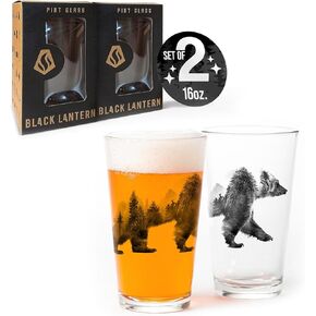 Pint Glasses by Black Lantern – Handmade Craft Beer Glasses and Bar Glassware – Double Exposure Bear Design (Set of Two 16oz. Glasses)