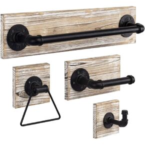 MyGift 4-Piece Bathroom Hardware Set with Burnt Wood and Industrial Matte Black Metal Pipe Includes Toilet Paper Holder, Towel Ring, Towel Bar and and Robe Hook