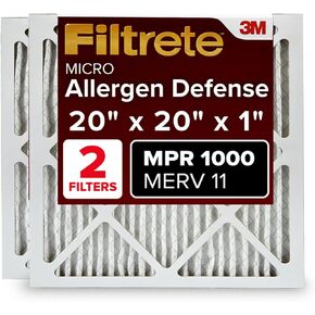 Filtrete 20x20x1 Air Filter, MPR 1000, MERV 11, Micro Allergen Defense 3-Month Pleated 1-Inch Air Filters, 2 Filters
