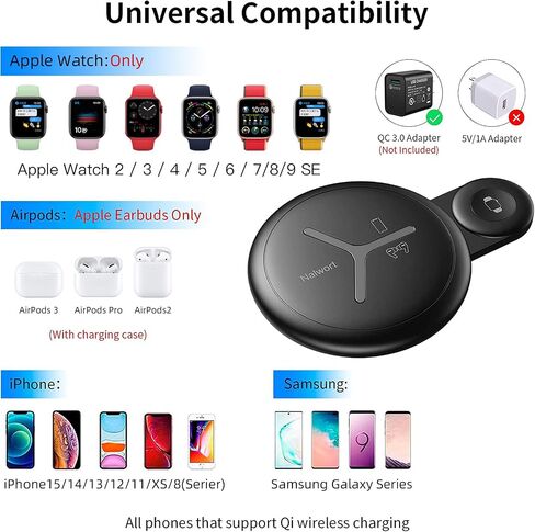 Nalwort 2 in 1 Wireless Charger Compatible with iPhone Apple Watch and AirPods Qi Fast Charger Wireless Charging Station for iPhone 14/13/12/11, iWatch 6/SE/5/4/3/2/1 and More(No Adapter) in Saudi Arabia