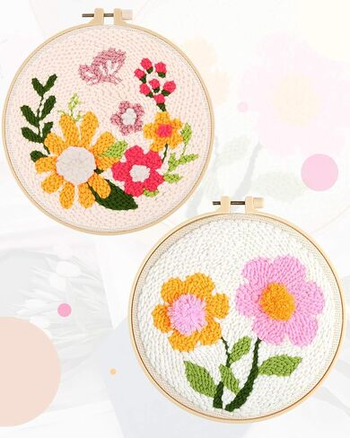 Pllieay 3 Set Punch Needle Embroidery Starter Kits Include Instruction, Punch Needle Fabric with Pattern, Yarns, Embroidery Hoops for Rug-Punch & Pinch Needle in Kuwait