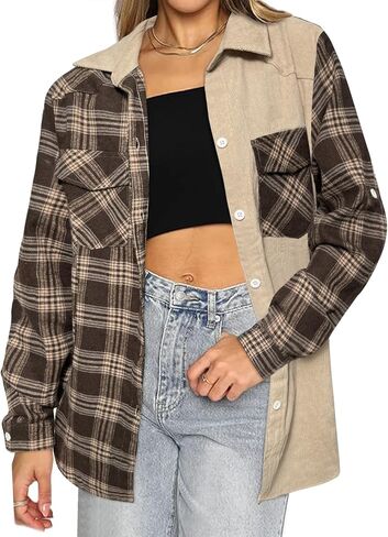 HOTOUCH Women's Long Roll Up Sleeve Cotton Flannels Plaid Shirts Classic Fit Button Down Shirt Blouses with Pockets in Kuwait