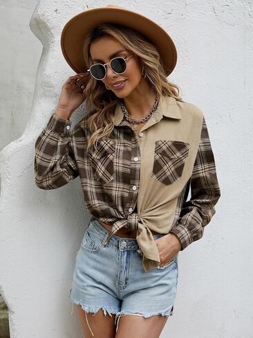 HOTOUCH Women's Long Roll Up Sleeve Cotton Flannels Plaid Shirts Classic Fit Button Down Shirt Blouses with Pockets in Kuwait