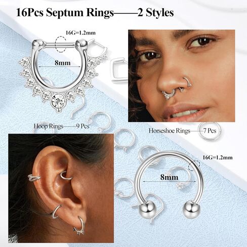 Besteel 16Pcs Septum Rings 16G Black Septum Jewelry Stainless Steel Daith Earrings Nose Rings Hoop CZ Cartilage Helix Tragus Earrings Septum Clicker Piercing Jewelry in Kuwait