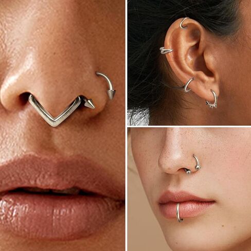 Besteel 16Pcs Septum Rings 16G Black Septum Jewelry Stainless Steel Daith Earrings Nose Rings Hoop CZ Cartilage Helix Tragus Earrings Septum Clicker Piercing Jewelry in Kuwait
