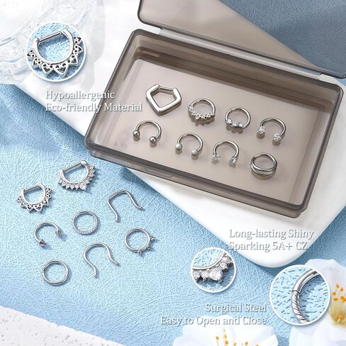 Besteel 16Pcs Septum Rings 16G Black Septum Jewelry Stainless Steel Daith Earrings Nose Rings Hoop CZ Cartilage Helix Tragus Earrings Septum Clicker Piercing Jewelry in Kuwait