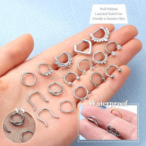 Besteel 16Pcs Septum Rings 16G Black Septum Jewelry Stainless Steel Daith Earrings Nose Rings Hoop CZ Cartilage Helix Tragus Earrings Septum Clicker Piercing Jewelry in Kuwait