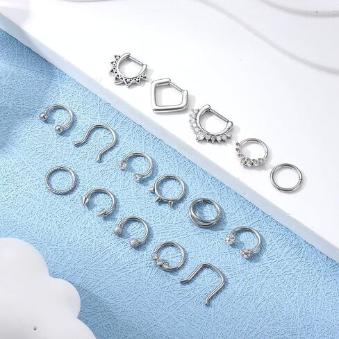 Besteel 16Pcs Septum Rings 16G Black Septum Jewelry Stainless Steel Daith Earrings Nose Rings Hoop CZ Cartilage Helix Tragus Earrings Septum Clicker Piercing Jewelry in Kuwait