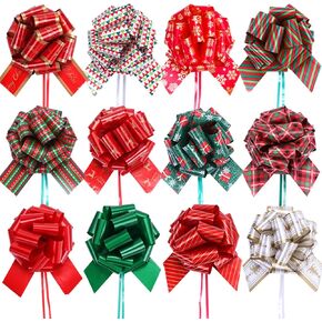PintreeLand 12PCS Christmas Gift Bows with 12PCS Gift Tags, 5" Xmas Wrap Pull Bows with Ribbon Wrapping Accessory for Present, Florist, Bouquet, Basket Decor, Easy to Assemble