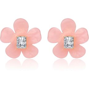 Dnswez Hot Pink Gold Plated Earrings for Women, Cute Love Heart Flower Large Zirconia CZ Dangle Stud Earrings Jewelry for Women Teen Girls Trendy Gifts for Women