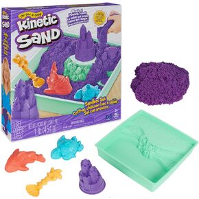 Kinetic Sand Sandbox Set, 1lb Blue Play Sand, Sandbox Storage, 4 Molds and Tools, Sensory Toys for Kids Ages 3+