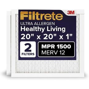 Filtrete 20x20x1 Air Filter MPR 1500 MERV 12, Healthy Living Ultra Allergen, 2-Pack (exact dimensions 19.69x19.69x0.78)