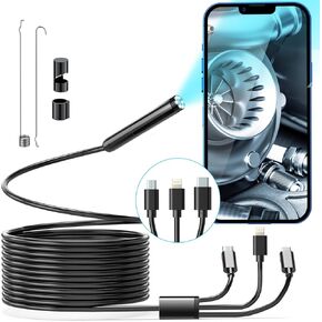 Wireless Endoscope, Wi-Fi Industrial Borescope with 6 LED Lights, 7.9mm 3 in 1 USB Snake Camera, Waterproof IP67 Inspection Camera for OTG Android, iPhone (10ft, Type-C, Micro, Lightning)