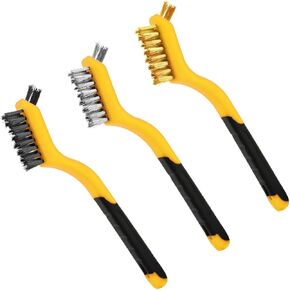 Wire Brush Set for Rust, Dirt & Paint Scrubbing with Deep Cleaning in Holes, 9pcs Brass/Stainless Steel/Nylon Brushes with Curved Handle Grip