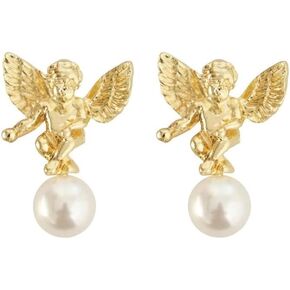 Dainty Pearls & Cute Cherub Charm Pendant Earrings, Pearls Dangling Earrings, Angel Stud Earrings, Natural Pearl Pendant Eardrop, Anniversary Gifts for Her