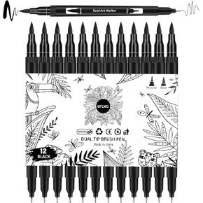 GPLMQ Black Drawing Pens, 12 Pack Felt Tip Markers for Adults and Kids, Dual Brush Fineliners Pens for Art Drawing Sketching Calligraphy