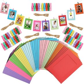 Juvale 50 Pack Paper Picture Frames 4x6, DIY Cardboard Photo Hanging Display with Clips and Strings for Wall Decor (10 Colors)