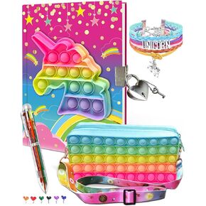 JOEKIKIMD Pop Notebook for Kids, Fidget Journal Set Includes Unicorn Diary with lock Pink Fashion Bracelets 6 Multicolor Ball Pen & Pop Pencil Case Gift Stuff diary for girls ages 8-12