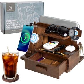 Wood Phone Docking Station For Men-Laptop, Tablet Holder and Coaster! Black Wood Tray, Bedside Caddy Nightstand Organizer, Entryway Organizer Key Tray, Desk Organizer. Valet Tray for Men, Husband Gift