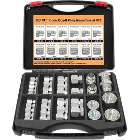 64 Pc Hydraulic Hose Tube and Pipe Fitting Kit, 37 Degree JIC Cap and Plug Assortment Kit, Heavy Duty Seal Adapter Set w Precision Threading, Steel Flare Fitting Set, Dash Sizes 4 6 8 10 12 16