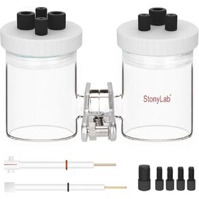 stonylab H-Type Electrolytic Cells, Borosilicate Replaceable Ion-Exchange Membrane Electrolyzer Sealed Electrochemical Cells with PTFE Lids and Electrodes, 100 ml