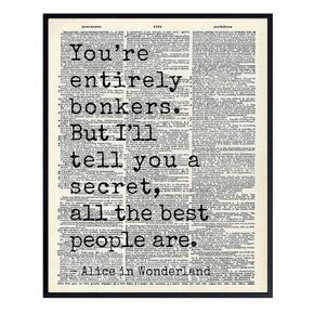 Alice in Wonderland Quote Wall Art LARGE 11x14 - Typography Dictionary Print for Bedroom, Office, Girls Room - Cheshire Cat, Mad Hatter Decor - Lewis Carroll Inspired Positive Quotes Wall Decor Poster