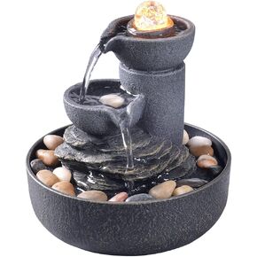 GOSSI Indoor 3-Tier Relaxation Tabletop Fountain Simulation Stone Pillar Water Fountain Soothing Sound Meditation Fountain with Natural River Rocks and Reflective Lighting Feature