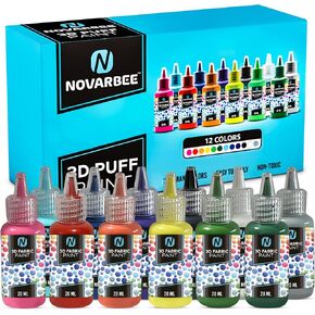 Novarbee- Fabric Paint, 12 Colors Puffy Paint, 0.67 Oz, Fabric Paint For Clothes, 3d Puffy Pens, Puffy Paint For Crafts, Canvas, Glass, Clothing, Wood.