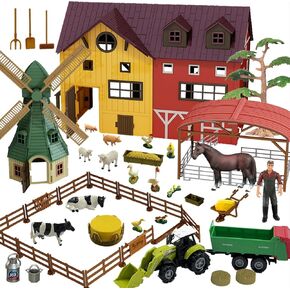 Peagprav Farm Animals Toys Set with Barn Windmill House Horse Stable Tractor Trailer,140PCS Animal Horse Figurines Farmer Fence Playset Kids Boys Girls Toddlers for 3-7 Years Old