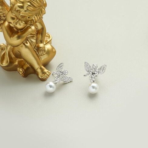 Dainty Pearls & Cute Cherub Charm Pendant Earrings, Pearls Dangling Earrings, Angel Stud Earrings, Natural Pearl Pendant Eardrop, Anniversary Gifts for Her in Kuwait