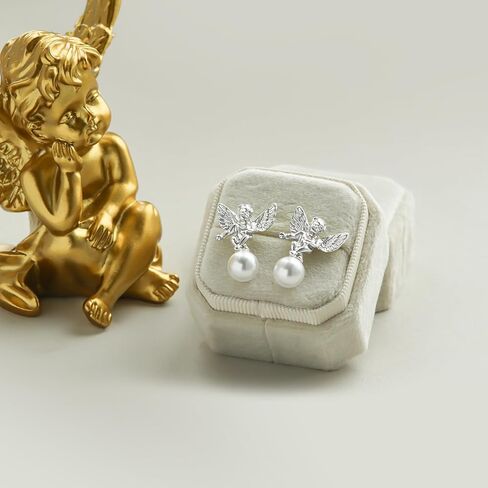Dainty Pearls & Cute Cherub Charm Pendant Earrings, Pearls Dangling Earrings, Angel Stud Earrings, Natural Pearl Pendant Eardrop, Anniversary Gifts for Her in Kuwait
