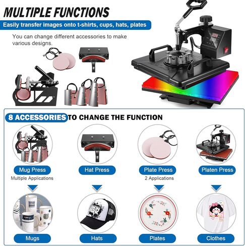 TOPDEEP 5 in 1 Heat Press Machine, Heat Press 15x15 inch, T Shirt Pressing Machine Slide Out Design, Multifunction Heat Press Transfer Machine Sublimation Combo for T-Shirt/Hat/Mug/Plate in Kuwait